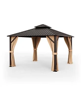 12 x 12 Feet Double-Roof Patio Hardtop Gazebo with Galvanized Steel Roof Netting and Curtains