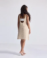 Reistor Women's Hemp Short Dress with Back Embroidered Lace Detail