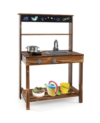 Mud Kitchen Fir Wood Play Kitchen with 4 Panting Pots Faucet Removable Sink