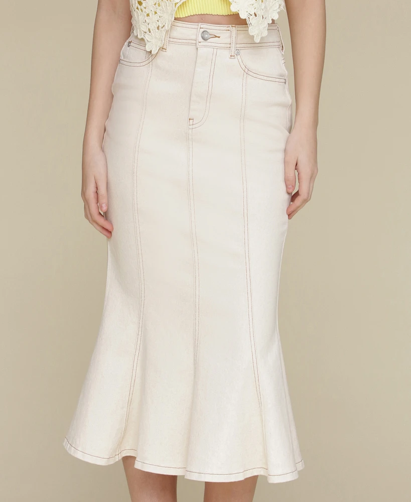 Avec Les Filles Women's Panelled Flare Denim Midi Skirt