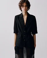 Mango Women's Belted Linen-Blend Suit Jacket
