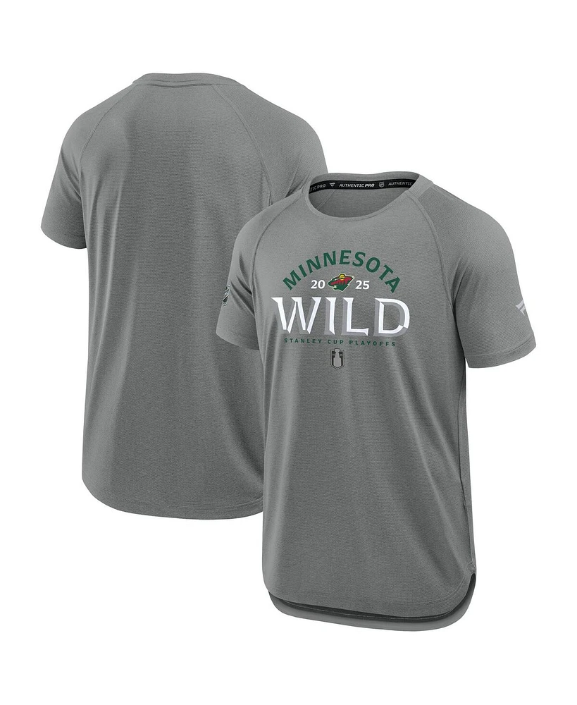 Fanatics Men's Heather Gray Minnesota Wild 2025 Stanley Cup Playoffs Authentic Pro Rink Performance T-Shirt