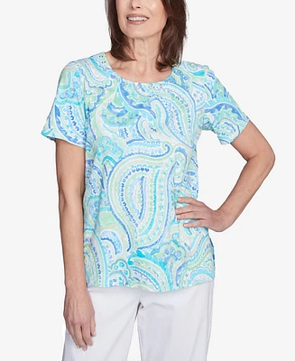 Alfred Dunner Petite Pleated Crew Neck Paisley Top