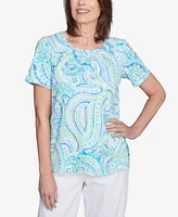 Alfred Dunner Petite Pleated Crew Neck Paisley Top
