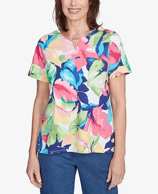 Alfred Dunner Petite Tropical Leaf Split Beaded Neck Top