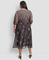 Dkny Plus Ombre Printed Balloon-Sleeve Faux-Wrap Dress