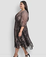 Dkny Plus Ombre Printed Balloon-Sleeve Faux-Wrap Dress