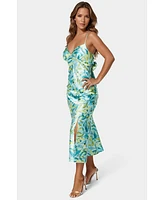 Bebe Women's Printed Satin Flounce Maxi Dress