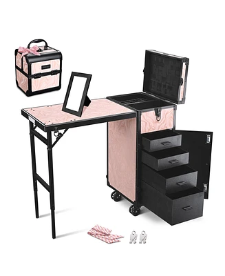 Byootique Rolling Nail Table w/ Makeup Case Cosmetic Organizer Aluminum Pink