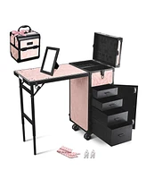 Byootique Rolling Nail Table w/ Makeup Case Cosmetic Organizer Aluminum Pink