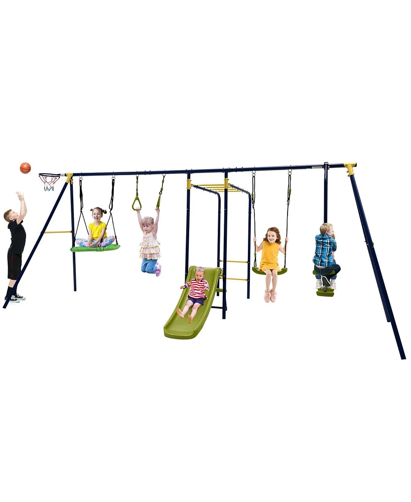 Gymax 660 lbs Kids Metal Swing Set for Backyard 7-in-1 Multifunctional Swing Set