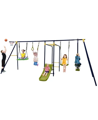 Gymax 660 lbs Kids Metal Swing Set for Backyard 7-in-1 Multifunctional Swing Set
