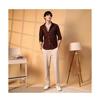 Campus Sutra Men's Chocolate Brown Solid Honeycomb Shirt