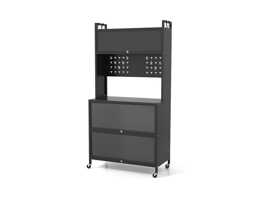 Slickblue 5 Tier Kitchen Bakers Rack with Lights Multifunctional Microwave Stand Flip Door Cabinets