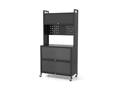 Slickblue 5 Tier Kitchen Bakers Rack with Lights Multifunctional Microwave Stand Flip Door Cabinets