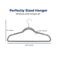 SereneLife 150 Pieces Velvet Hangers - Non-Slip, Sturdy, and Heavy Duty Coat Set with 360° Swivel Hook for Clothes (Gray)