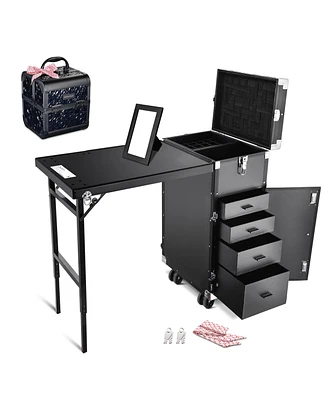 Byootique Aluminum Rolling Nail Table with Train Case Cosmetic Organizer Black