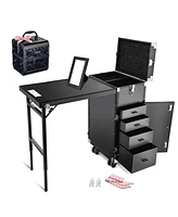 Byootique Aluminum Rolling Nail Table with Train Case Cosmetic Organizer Black