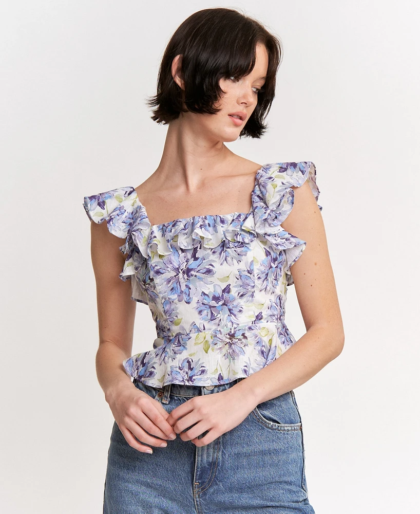 En Saison Women's Odessa Printed Ruffled Sleeveless Top