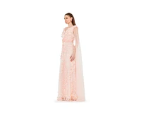 Amri Women's Tulle Cape Sleeve Floral Applique Gown