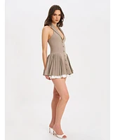 Miss Circle Women's Hazel Brown Preppy Halter Neck Pleated Mini Dress