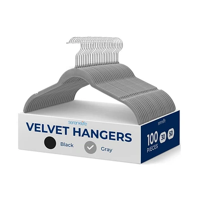 SereneLife 100-Piece Velvet Shirt Hangers - Non-Slip, Sturdy, Space Saving and Heavy Duty Coat Set with 360° Swivel Hook for Clothes (Grey