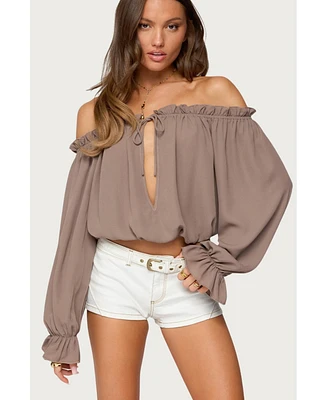 Edikted Women's Juna Off Shoulder Ruffle Chiffon Top