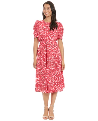 London Times Women's Printed Ruched-Sleeve Midi Dress