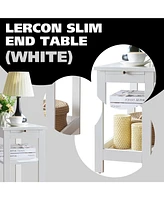 Kings Brand Furniture Slim Wood Side End Table with Storage Shelves & Pull-Out Tray, Nightstand for Bedroom, Living Room
