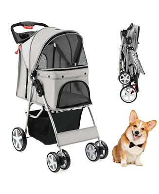 Gymax Petsjoy Folding Pet Stroller 4-Wheel Pet Travel Carrier w/Storage Basket