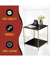 Kings Brand Furniture Side End Table with Faux Marble Storage Shelves & Gold Metal Frame, Nightstand for Bedroom, Living Room, or Modern Accent