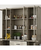 Homsee Modern gray white wood grain glass 6-door 3-drawer cabinet, storage cabinet, pantry