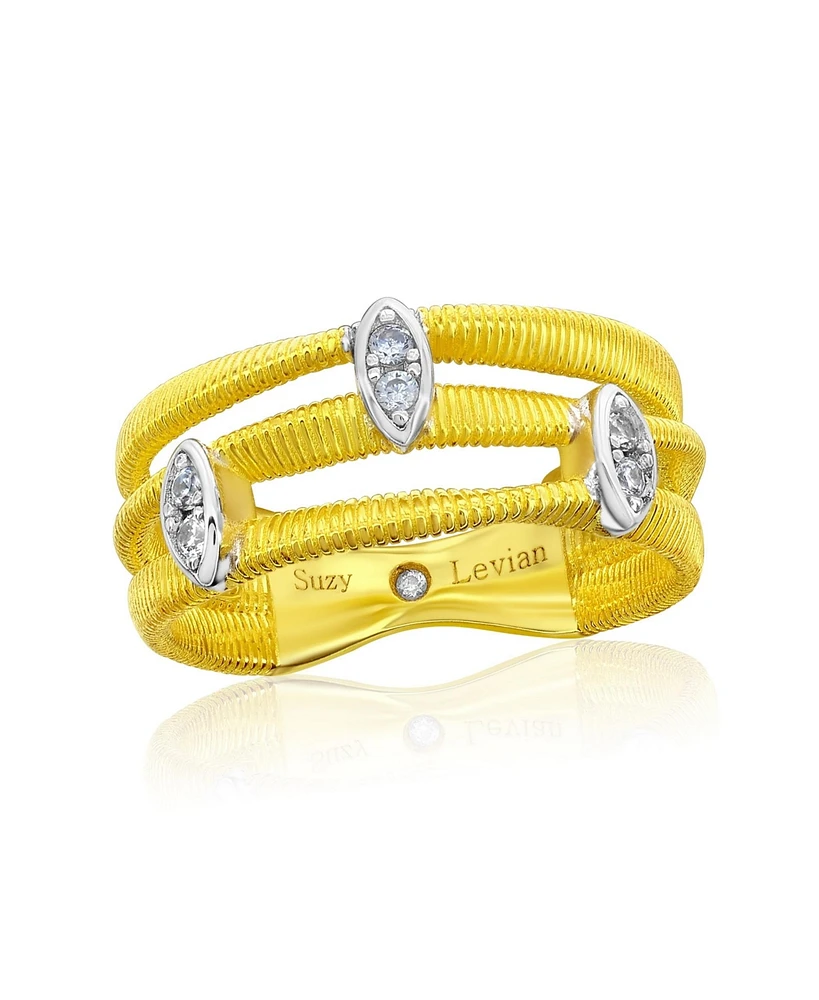 Suzy Levian New York Golden Helix Sterling Silver Cubic Zirconia Coil Three Row Triple Oval Ring