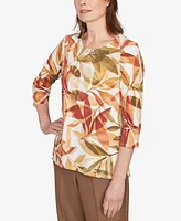 Alfred Dunner Women's Leaf Pleated Floral Crew Neck Top