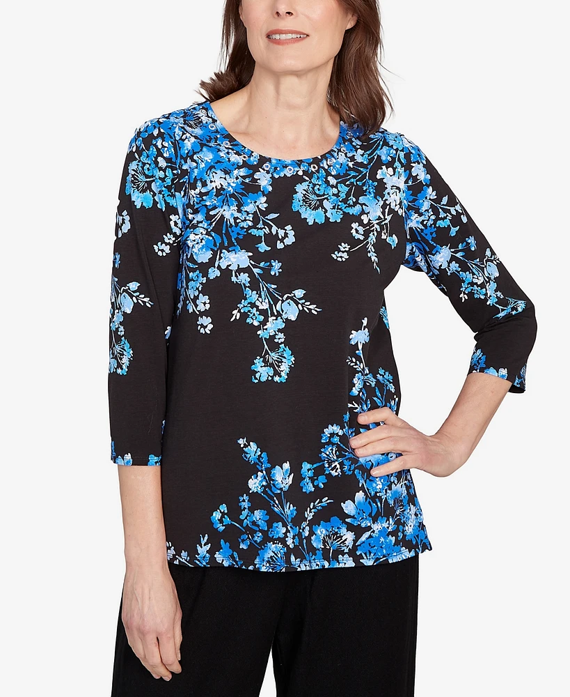 Alfred Dunner Women's Floral Asymmetric Three Quarter Sleeve Top