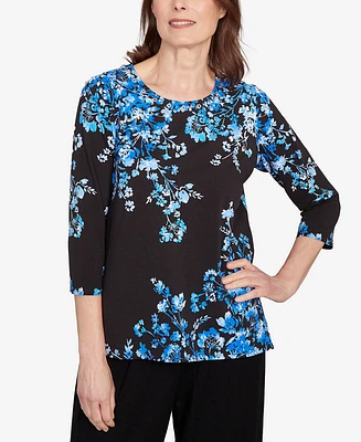 Alfred Dunner Women's Floral Asymmetric Three Quarter Sleeve Top