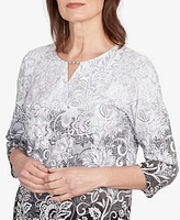 Alfred Dunner Women's Ombre Scroll Split Beaded Neck Top