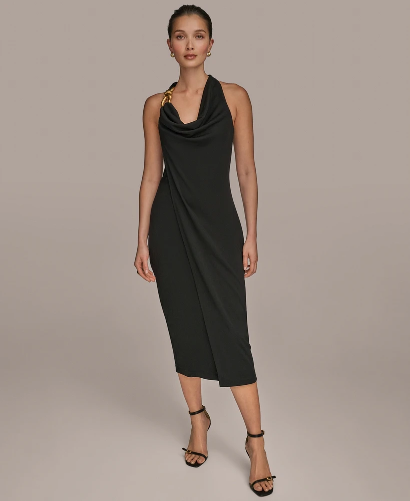 Donna Karan New York Women's Jersey Asymmetrical Cowl-Neck Hardware Dress
