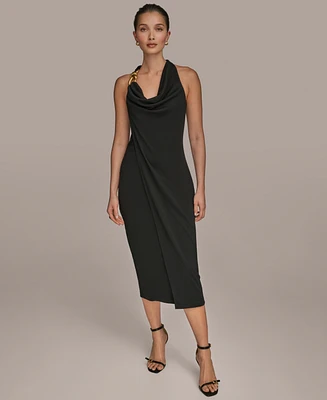 Donna Karan New York Women's Jersey Asymmetrical Cowl-Neck Hardware Dress