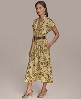 Donna Karan New York Women's Floral-Print Belted A-Line Midi Dress