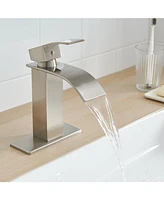 Greenspring Waterfall Single Handle Hole Low-Arc Bathroom Faucet Drip-Free Vanity Sink Matte Black & Gold