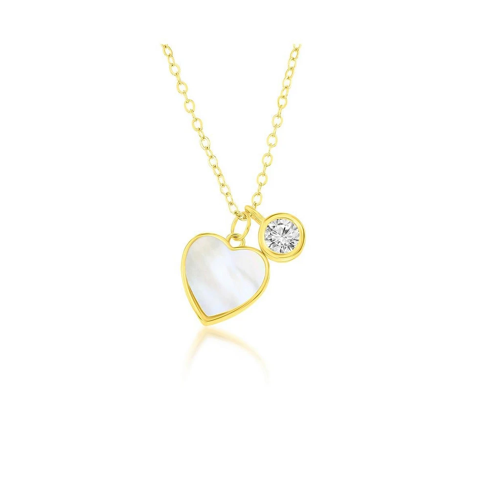 Caribbean Treasures Sterling Silver Mop Heart & Bezel-Set Cz Necklace