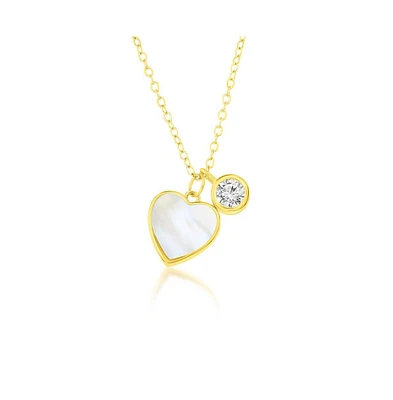 Caribbean Treasures Sterling Silver Mop Heart & Bezel-Set Cz Necklace