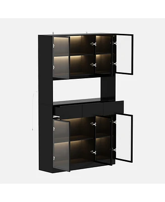 Black 6-door 3-drawer intelligent cabinet, storage cabinet, pantry (three color light strip/tempered glass)
