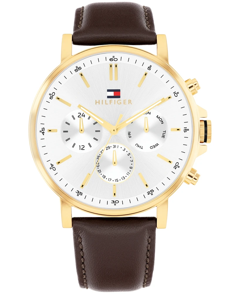 Tommy Hilfiger Men's Multifunction Brown Leather Strap Watch, 43mm