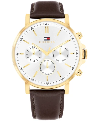 Tommy Hilfiger Men's Multifunction Brown Leather Strap Watch, 43mm