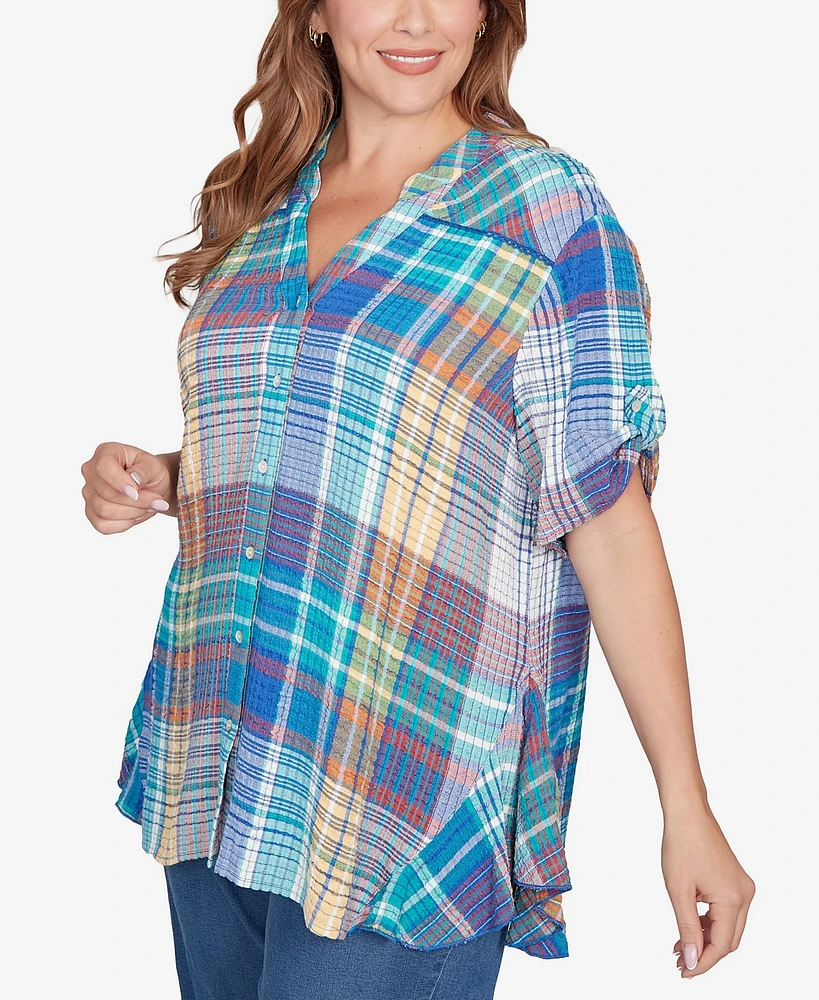 Ruby Rd. Plus Crinkle Knit Plaid Button Down Top
