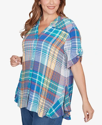 Ruby Rd. Plus Crinkle Knit Plaid Button Down Top