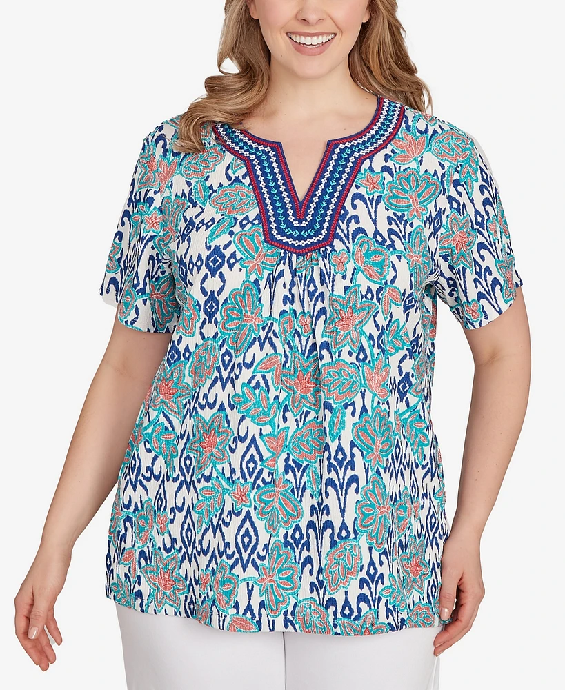 Ruby Rd. Plus Floral Overlay Ikat Embroidered Top