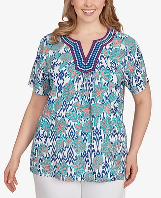 Ruby Rd. Plus Floral Overlay Ikat Embroidered Top